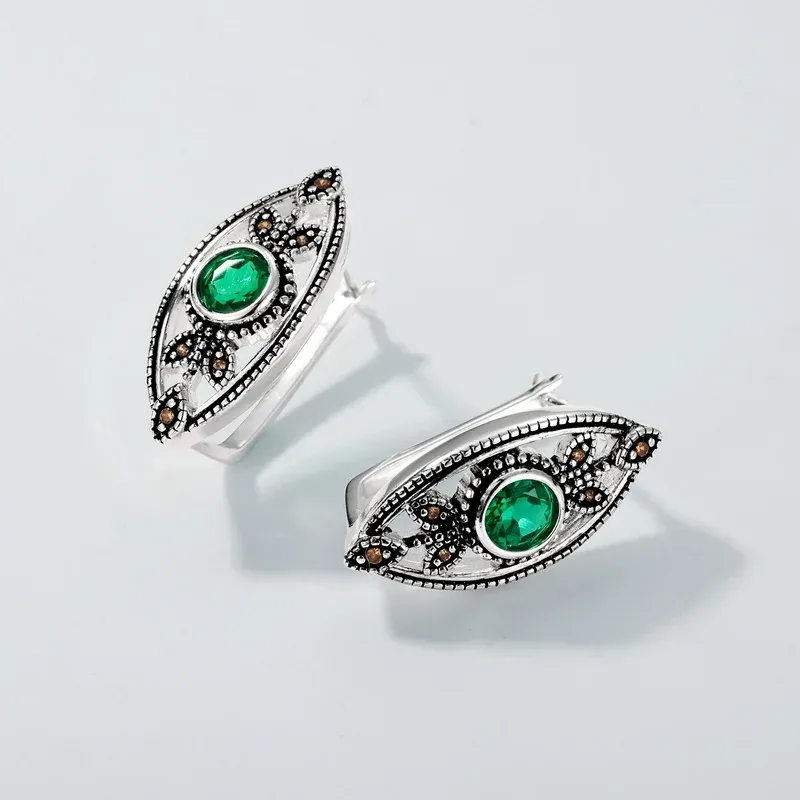 Panyu Factory 925 Sterling Silver Plated Gemstone Vintage Lab Emerald Hollow Leaf Earrings