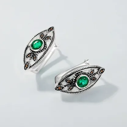 Panyu Factory 925 Sterling Silver Plated Gemstone Vintage Lab Emerald Hollow Leaf Earrings