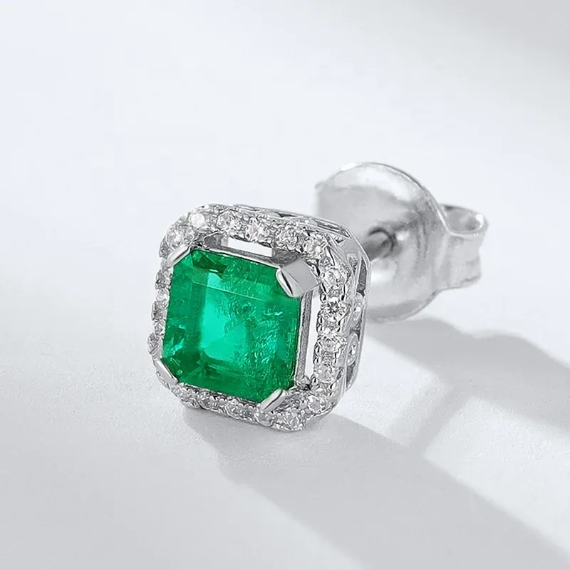 Luxury Jewelry Sterling Silver Square-cut Emerald Earrings Stud Hypoallergenic Bling 3A Zircon and Lab Grown Emeralds Earring