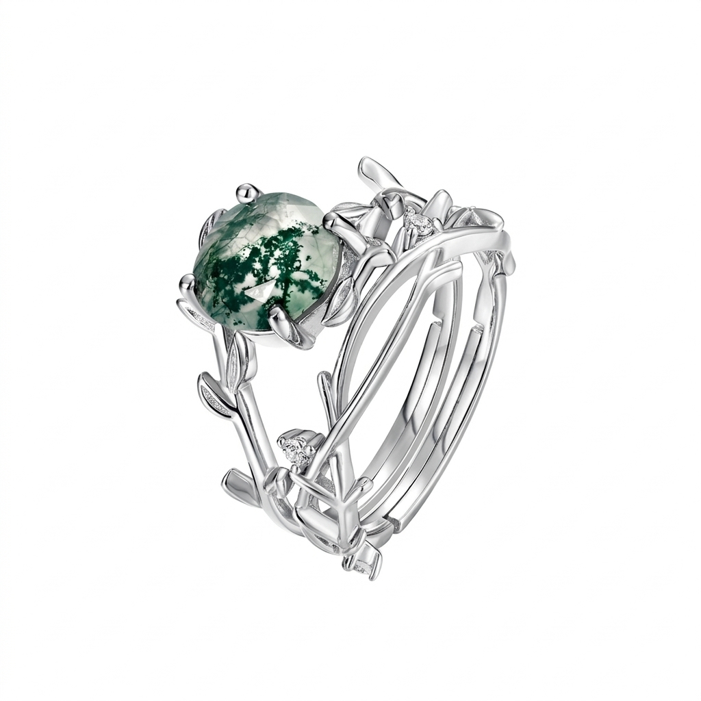 JewelyKing S925 Sterling Silver Stacking Natural Moss Agate Quartz Ocean Grass Ring