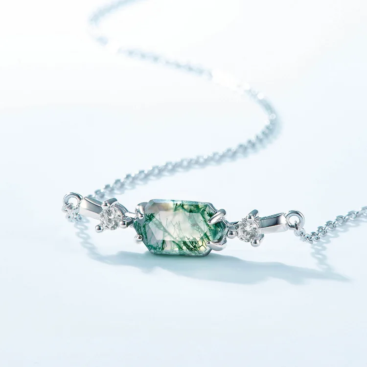 Jewelyking  S925 Sterling Silver Natural Stone Agate Bullet Sugar Green Hexagon Moss Agate Crystal Pendant Necklace JKNS0084