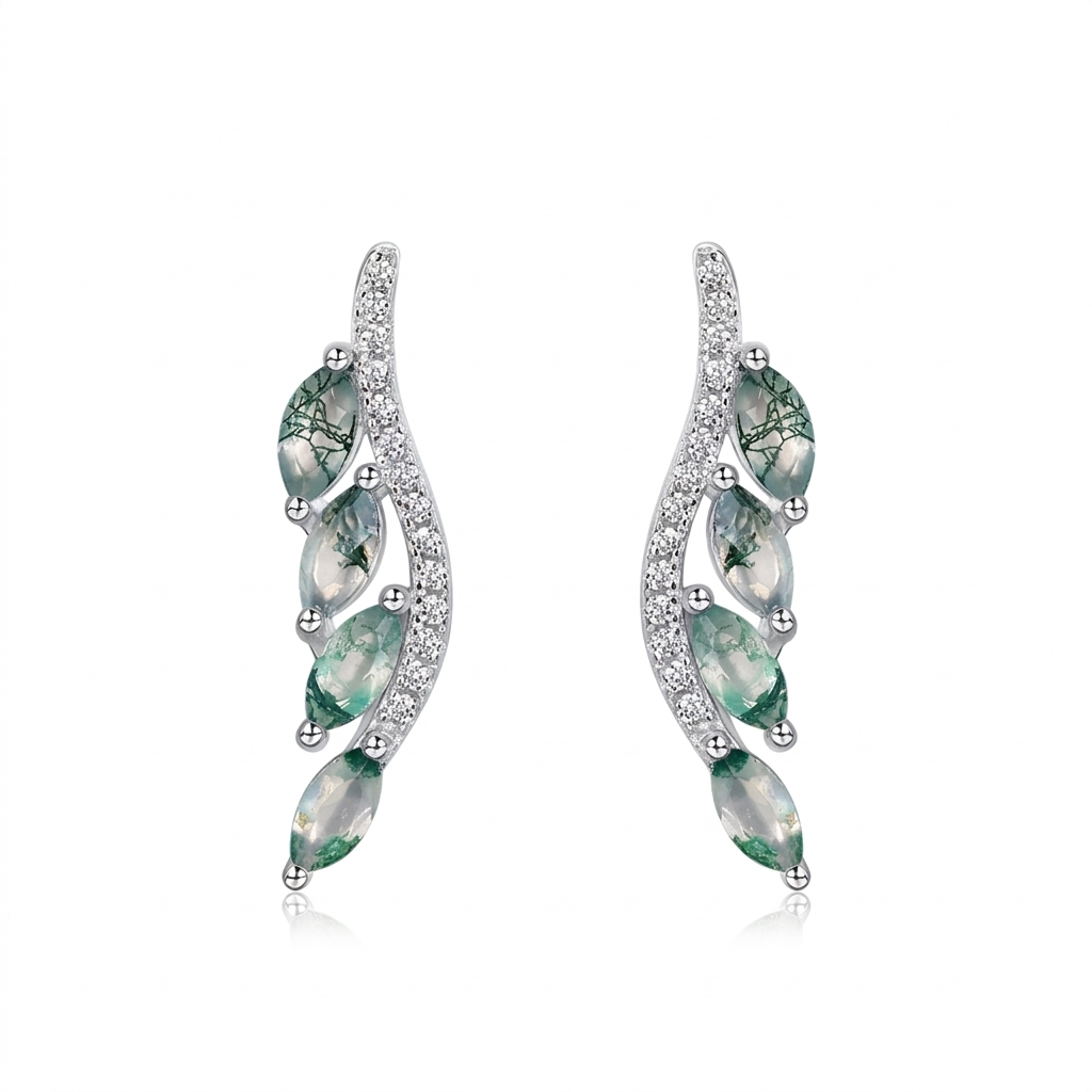 Jewelyking S925 Sterling Silver Simple Luxury Green Moss Agate Leaf Natural Gemstone Hook Earrings JKES0105