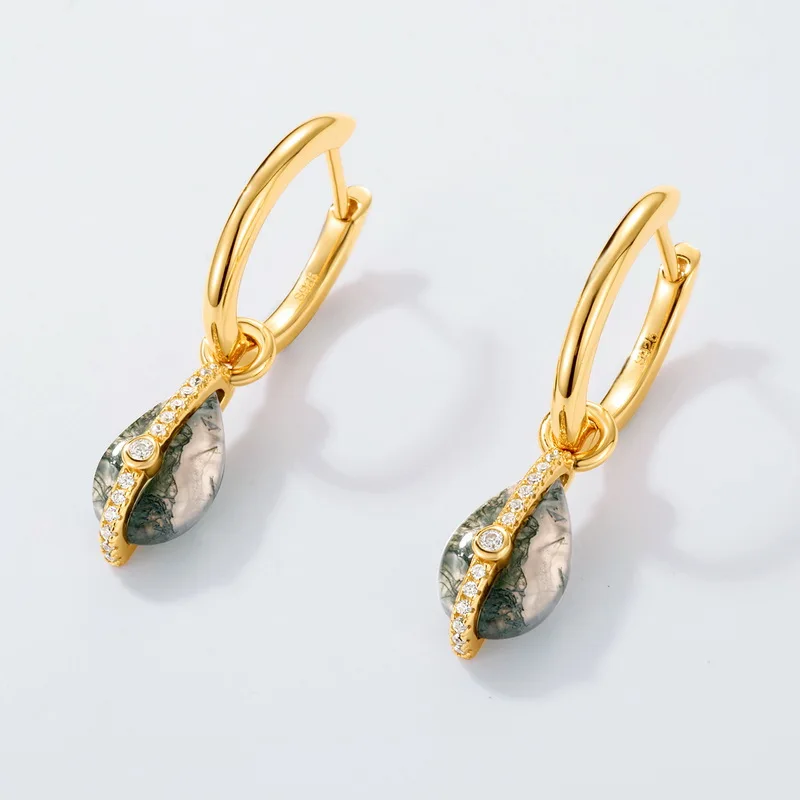 Jewelyking S925 Silver 18k Gold Plated  Natural Green Moss Agate Hoop Earring JKES0095