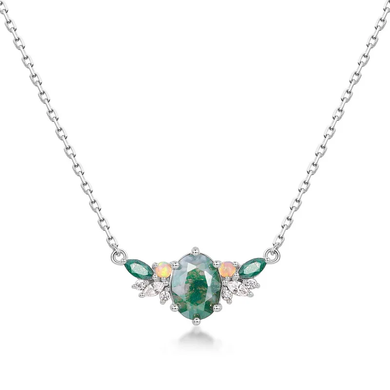 Jewelyking S925 Sterling Silver Cubic Zirconia Gemstone Jewelry Delicate Square Real Moss Agate Pendant Necklace JKNS0087