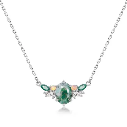Jewelyking S925 Sterling Silver Cubic Zirconia Gemstone Jewelry Delicate Square Real Moss Agate Pendant Necklace JKNS0087