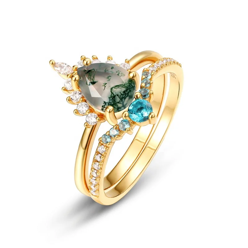 JewelyKing S925 Sterling Silver Vintage Genuine Gemstone Green Blue Nano Ring Pear Shaped Moss Agate Ring JKRS0152