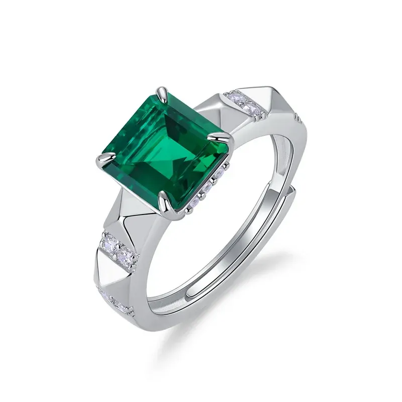 Panyu Custom Lab Emerald Princess Ring S925 Silver Inlaid Cultured Colored Gemstone Vintage Ring