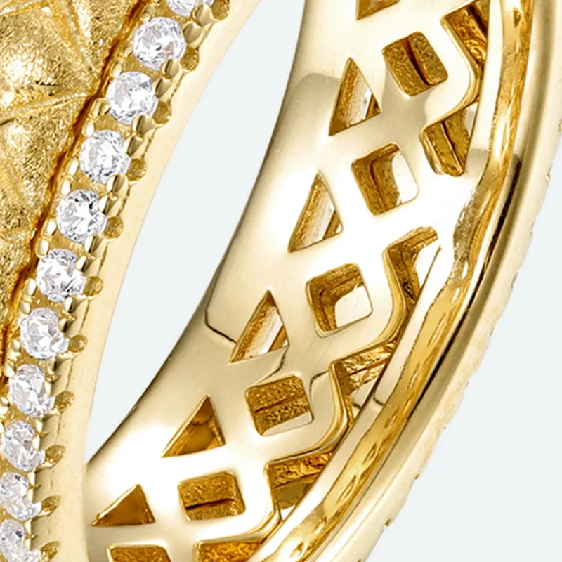Jewelyking S925 Sterling Silver 14K Gold Plated Sandblasted Zircon Inlay Geometric Hollow Band Ring JKRS0114