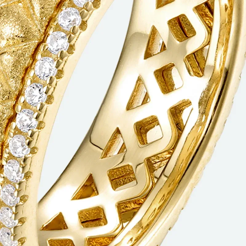 Jewelyking S925 Sterling Silver 14K Gold Plated Sandblasted Zircon Inlay Geometric Hollow Band Ring JKRS0114