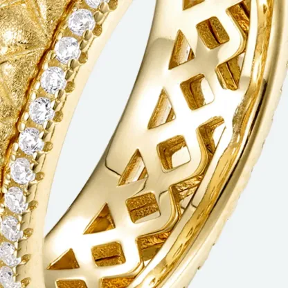 Jewelyking S925 Sterling Silver 14K Gold Plated Sandblasted Zircon Inlay Geometric Hollow Band Ring JKRS0114