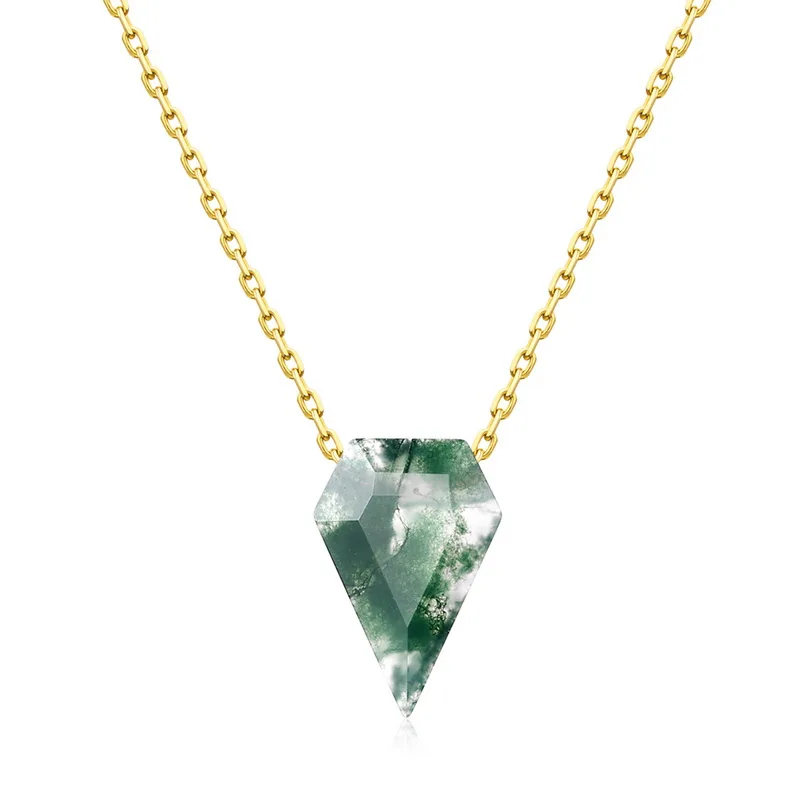 Jewelyking S925 Sterling Silver 18K Gold Dainty Moss Agate Vintage Kite Necklace JKNS0092