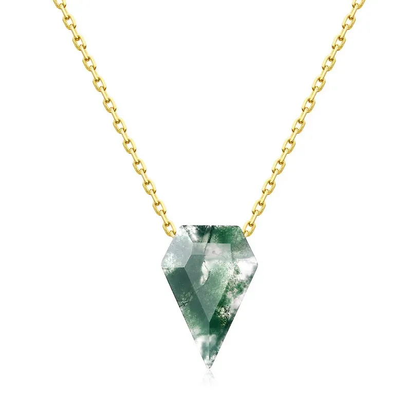 Jewelyking S925 Sterling Silver 18K Gold Dainty Moss Agate Vintage Kite Necklace JKNS0092