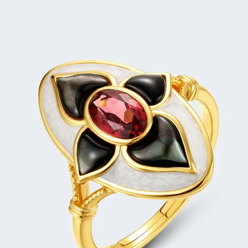 JewelyKing S925 Exquisite Sterling Silver 18K Gold Ring Vintage Garnet Fashion Ring JKRS0269