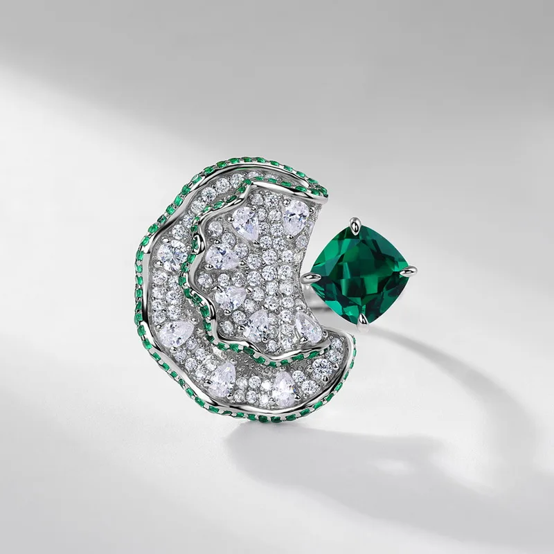 Panyu 925 Silver Adjustable Ring Lab Created Emerald Elegant Fan Shaped Gemstone Design