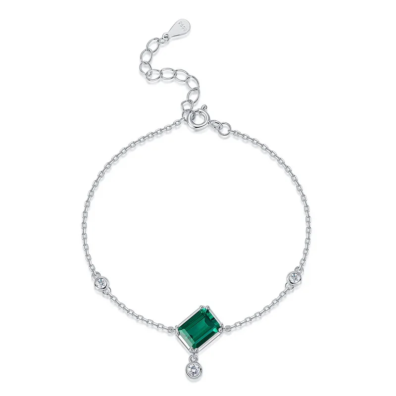 S925 Sterling Silver Emerald Cut Lab Grown Emerald Bracelet for Women