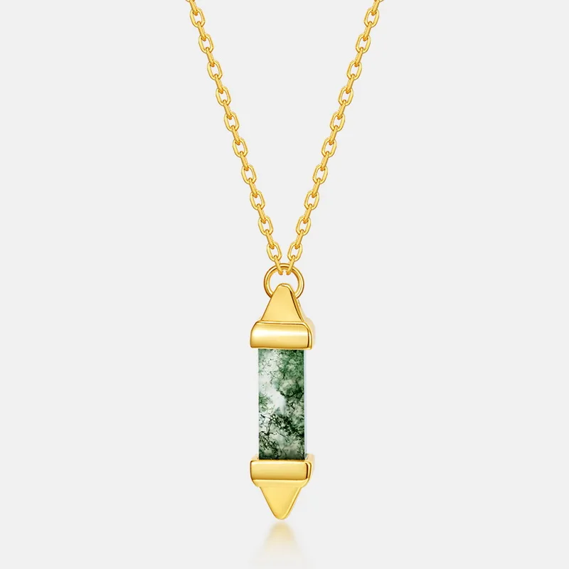 Jewelyking Natural Green Moss Agate 18K Gold Healing Gemstone Hexagonal Dot Necklace Pendant JKNS0100