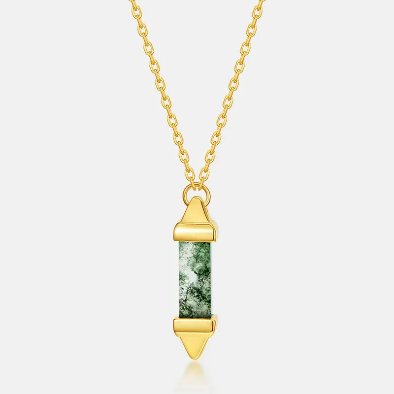 Jewelyking Natural Green Moss Agate 18K Gold Healing Gemstone Hexagonal Dot Necklace Pendant JKNS0100
