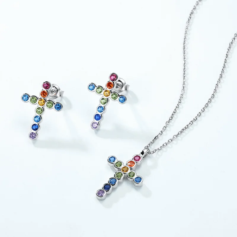 925 Sterling Silver Cross Jewelry Zircon Rainbow CZ Gemstone Stud Women Earrings for Women
