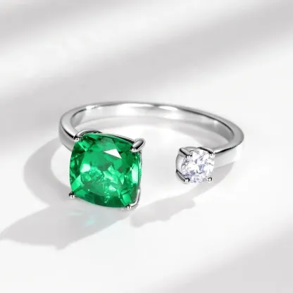 High Quality 925 Sterling Silver Green Gemstone Adjustable Ring Luxury Lab Grown Emeralds Openning Finger Ring for Women