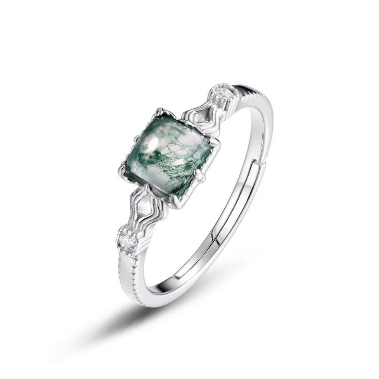 JewelyKing S925 Silve Natural Moss Agate Gemstone Wedding Adjustable Vintage Rings JKRS0173
