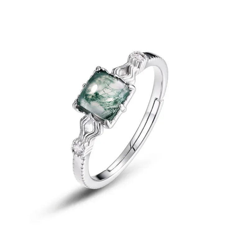 JewelyKing S925 Silve Natural Moss Agate Gemstone Wedding Adjustable Vintage Rings JKRS0173