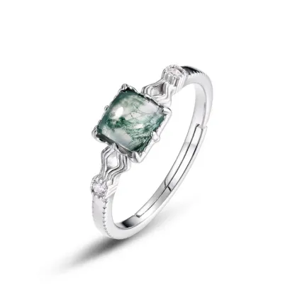 JewelyKing S925 Silve Natural Moss Agate Gemstone Wedding Adjustable Vintage Rings JKRS0173