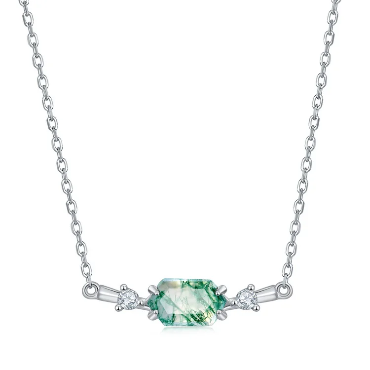 Jewelyking  S925 Sterling Silver Natural Stone Agate Bullet Sugar Green Hexagon Moss Agate Crystal Pendant Necklace JKNS0084