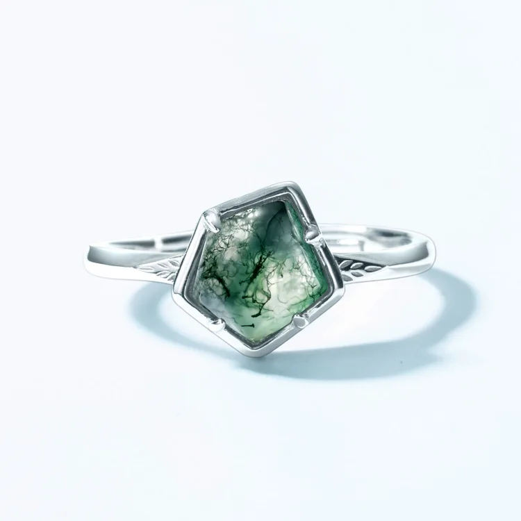 JewelyKing S925 Silver Cute Moss Agat Brand Real Moss Agate Ring JKRS0153