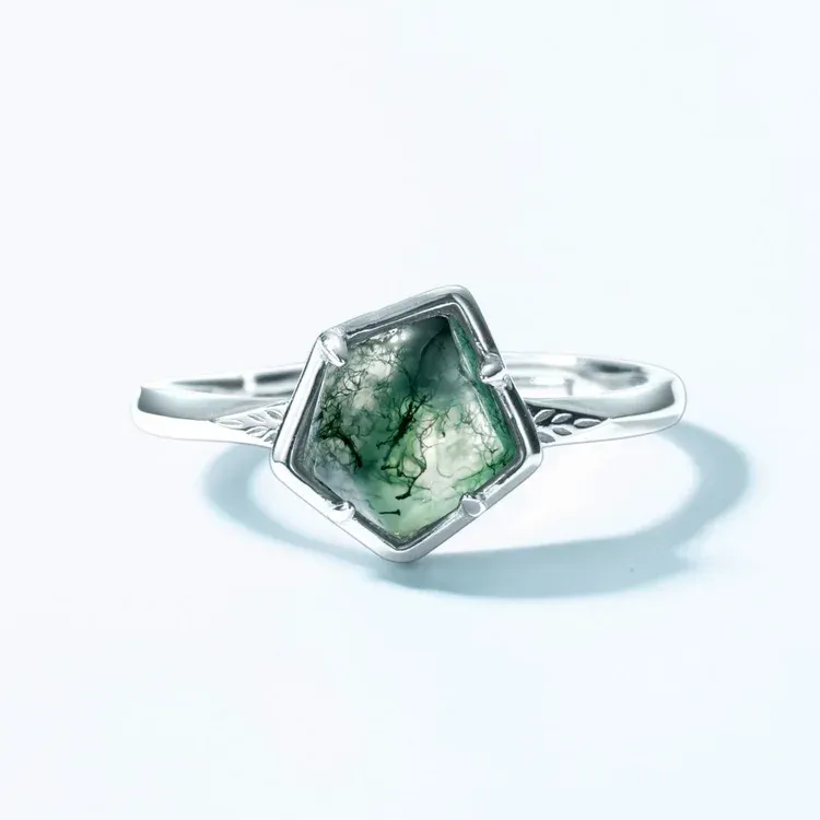 JewelyKing S925 Silver Cute Moss Agat Brand Real Moss Agate Ring JKRS0153