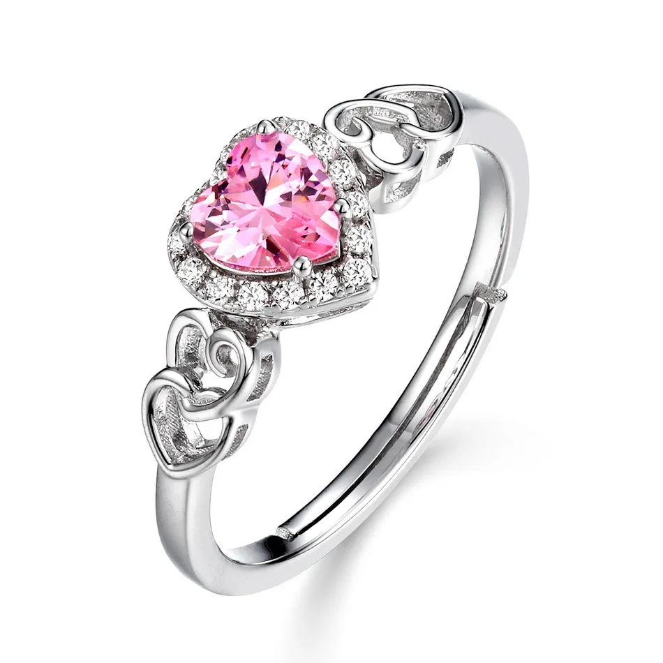 JewelyKing S925 Sterling Silver Pink Heart Spinel Side Inlaid Cz Diamond Engagement Ring JKRS0261