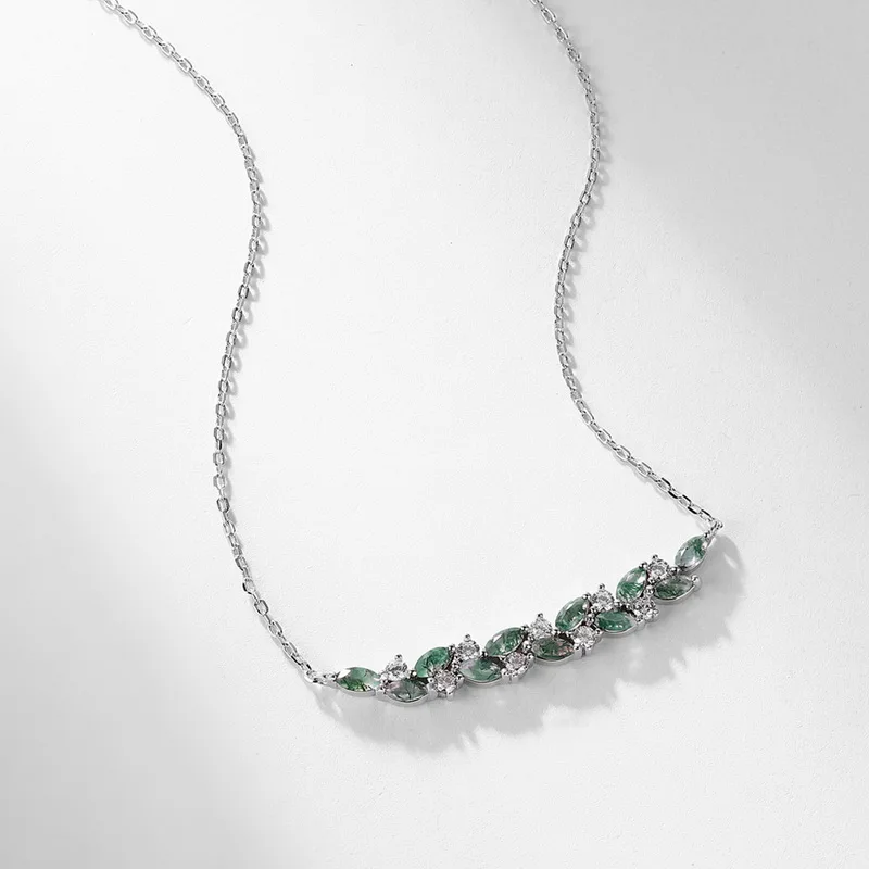 JewelyKing S925 Sterling Silver Marquise Cut Moss Agate Moissanite Accent Smile Bar Necklace JKNS0023