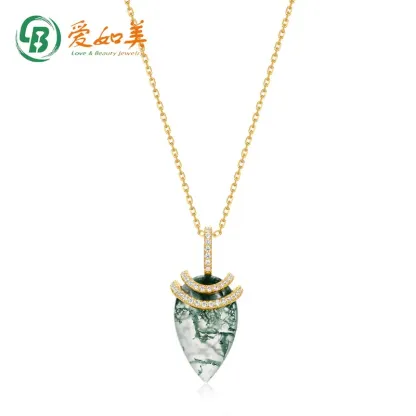 925 Sterling Silver Teardrop Shape Gold Plated Green Moss Agate Pendant Necklace Chain Fashionable for Women