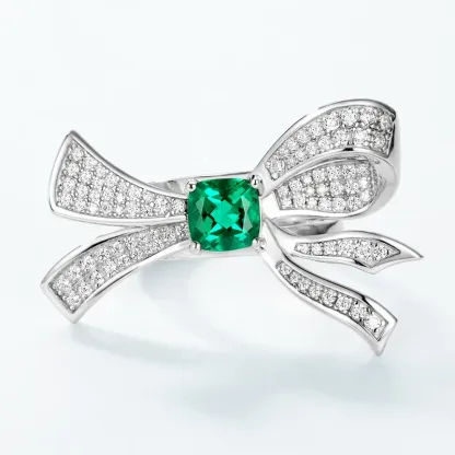 New Cushion Cut Half Bow Knot Lab Grown Emerald Ring S925 Sterling Silver French Style Daily Commuting Jewelry for Women