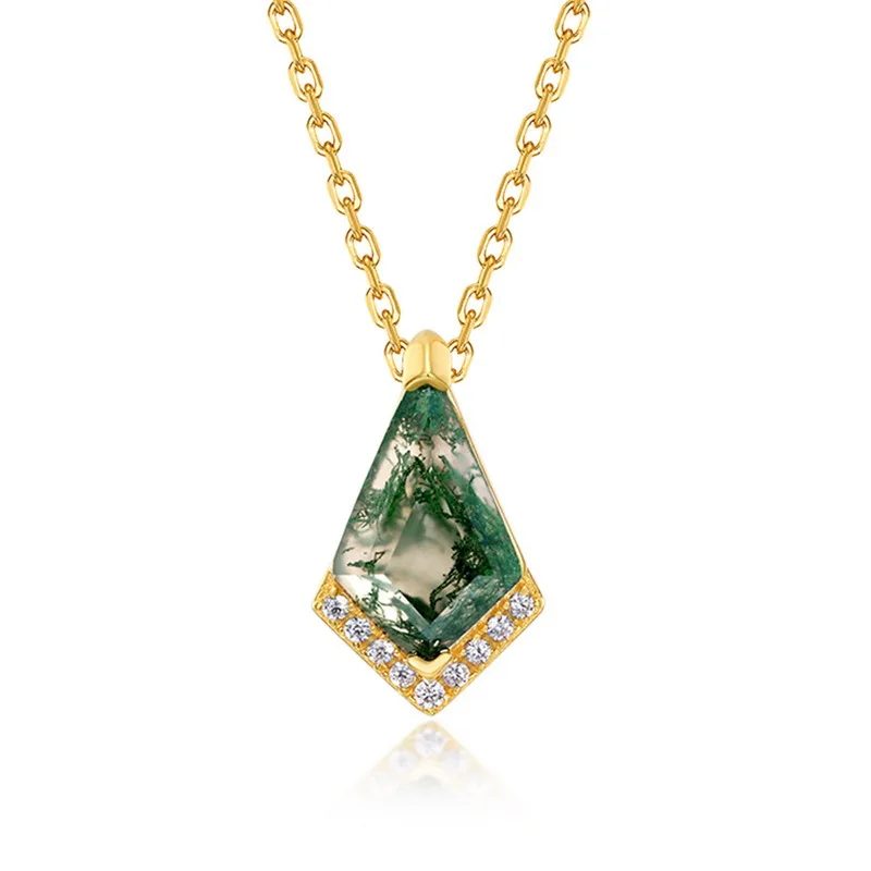 JewelyKing Natural Moss Agate Necklace Sets S925 Silver Cross Chain Women's Geometric Shape JKNS0028