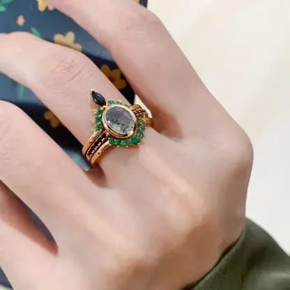 Flower CZ Oval Natural Moss Agate Ring 925 Sterling Silver Vintage Engagement Green Moss Agate Ring Cheap Price
