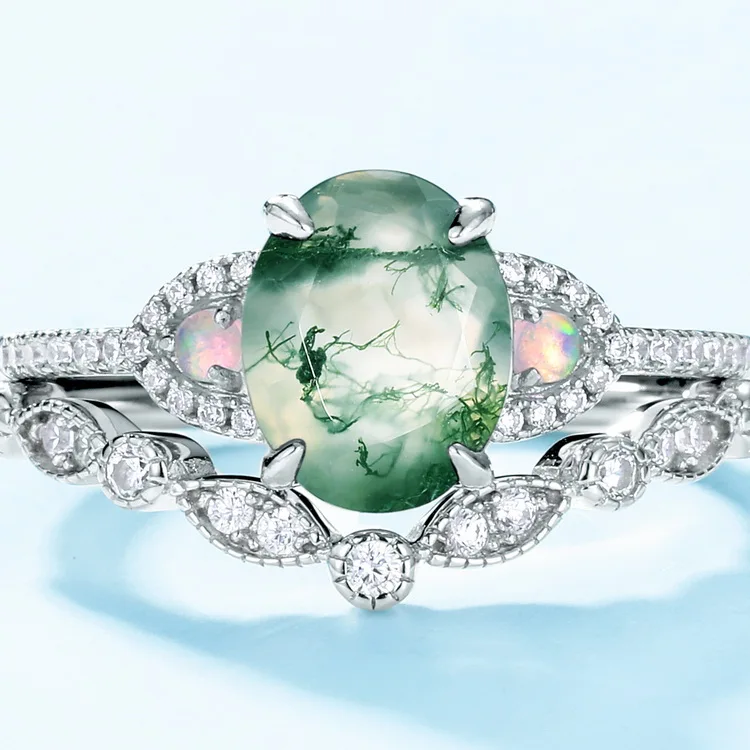 JewelyKing S925 Sterling Silver Green Moss Agate New Wedding Ring JKRS0208