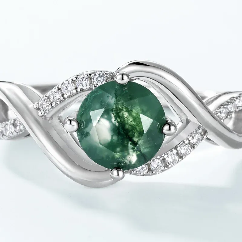 JewelyKing S925 Sterling Silver Classic Design Green Moss Agate Timeless Wedding Ring JKRS0164