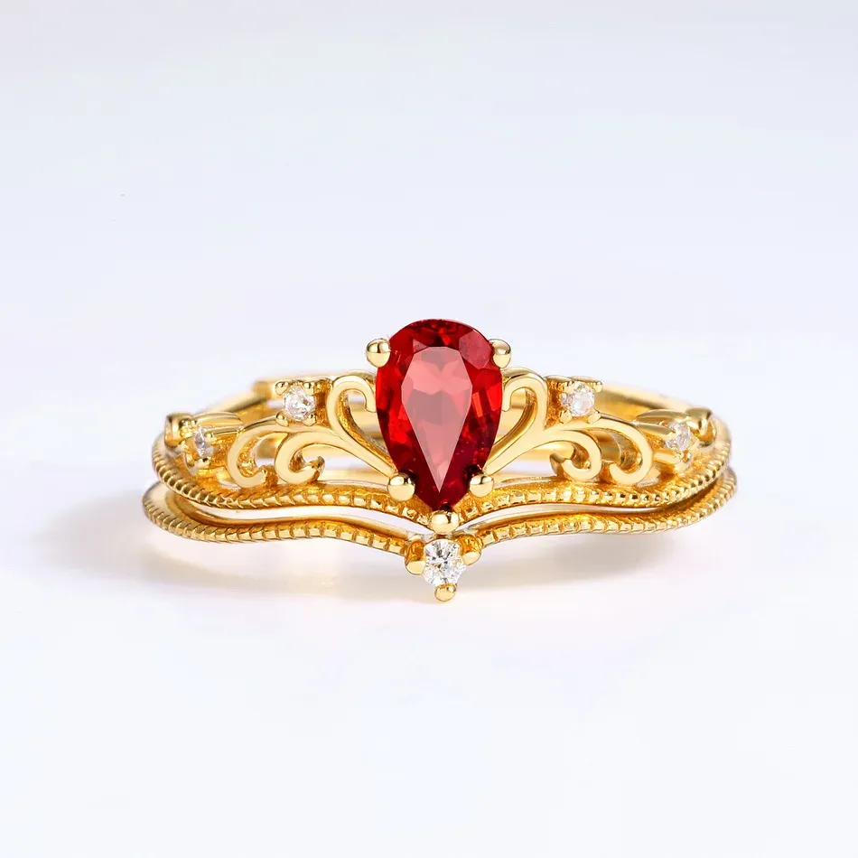 JewelyKing S925 Silver Delicate Crown  Mozambique Red Garnet Women Engagement Ring JKRS0281