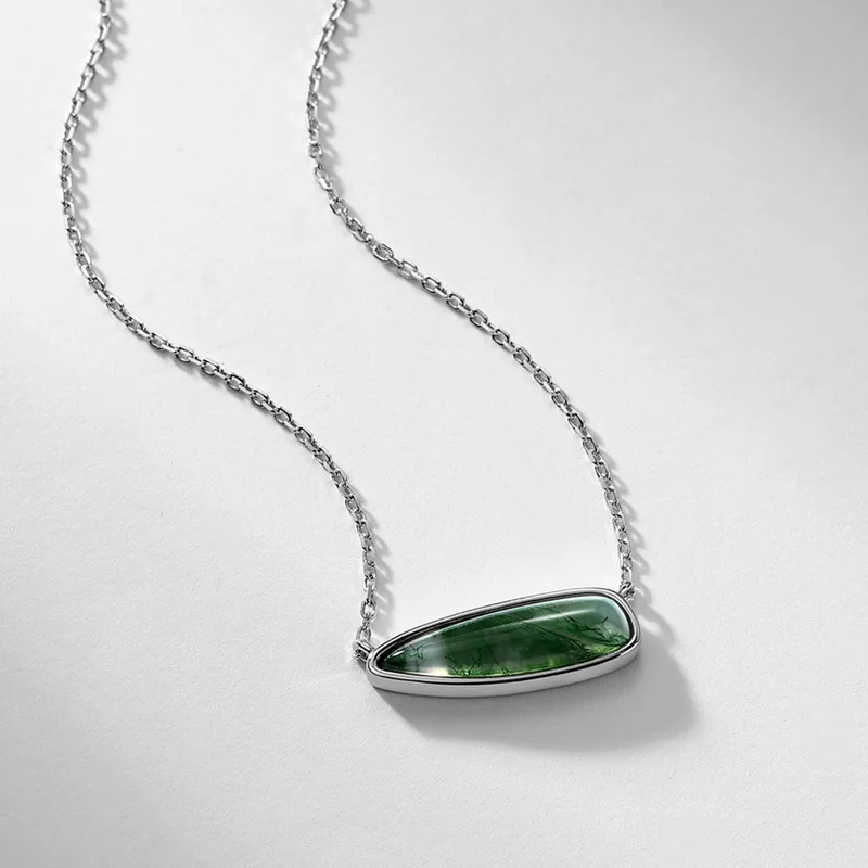 JewelyKing S925 Sterling Silver Green Moss Agate Elongated Teardrop Cut Natural Gemstone Dainty Chain Necklace JKNS0029