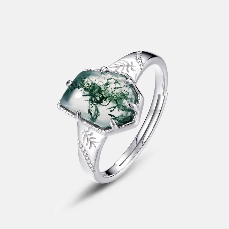 JewelyKing S925 Sterling Silver  Geometric Shape Green Moss Agate Rings JKRS0221
