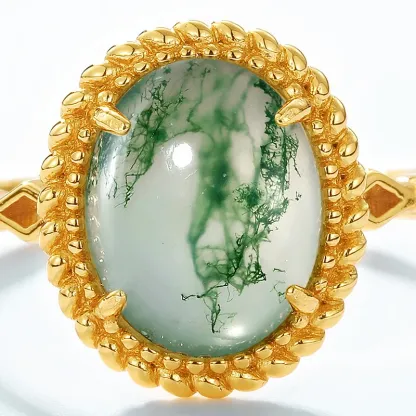 JewelyKing S925 Sterling Silver Green Moss Agate Dainty Whimsical Ring  K Gold Oval Diamond Ring JKRS0216