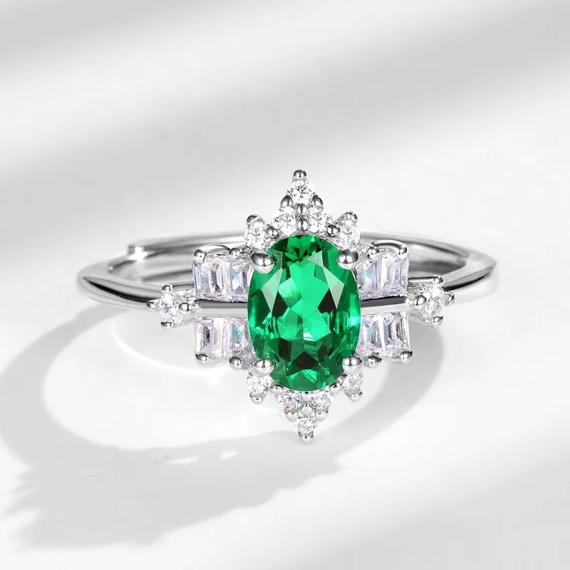 Fine Jewelry Emerald Cut Lab Grown Emeralds Ring 925 Sterling Silver Elegant Gemstone and Diamond Ring