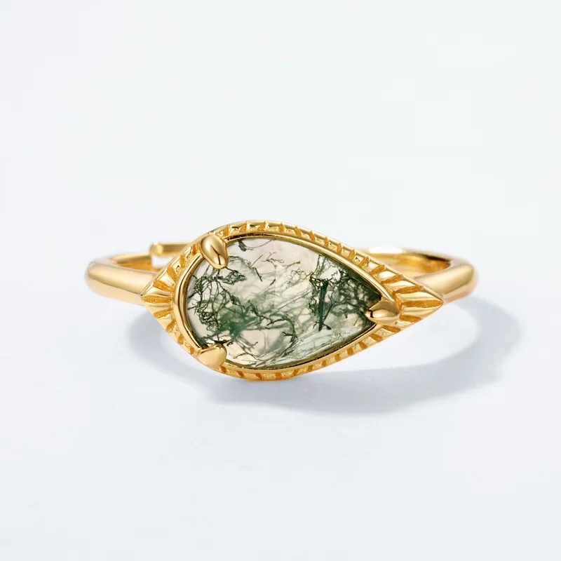JewelyKing S925 Silver Silver 18k Gold Plated  Vintage Natural Green Moss Agate Emerald Claw Ring JKRS0170