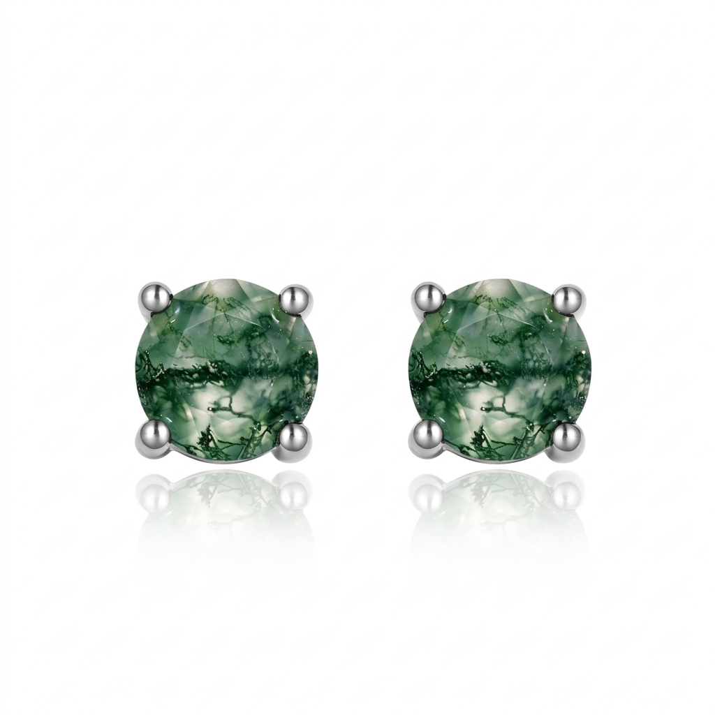 Jewelyking S925 Sterling Silver Round Natural Moss Agate Stud Earring JKES0101