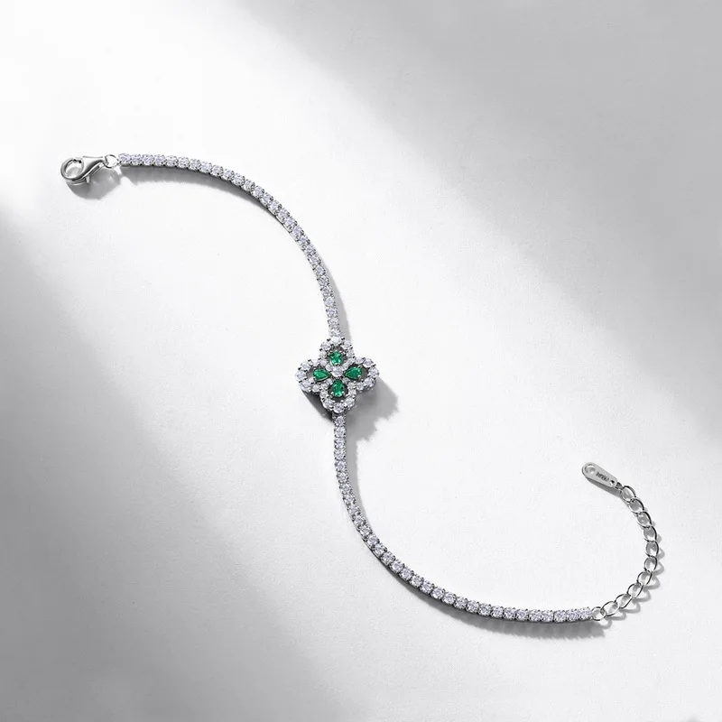 Fine Jewelry Pear Cut Lab Grown Emerald Flower Shaped 925 Sterling Silver Bracelets for Women Anniversary Gifts