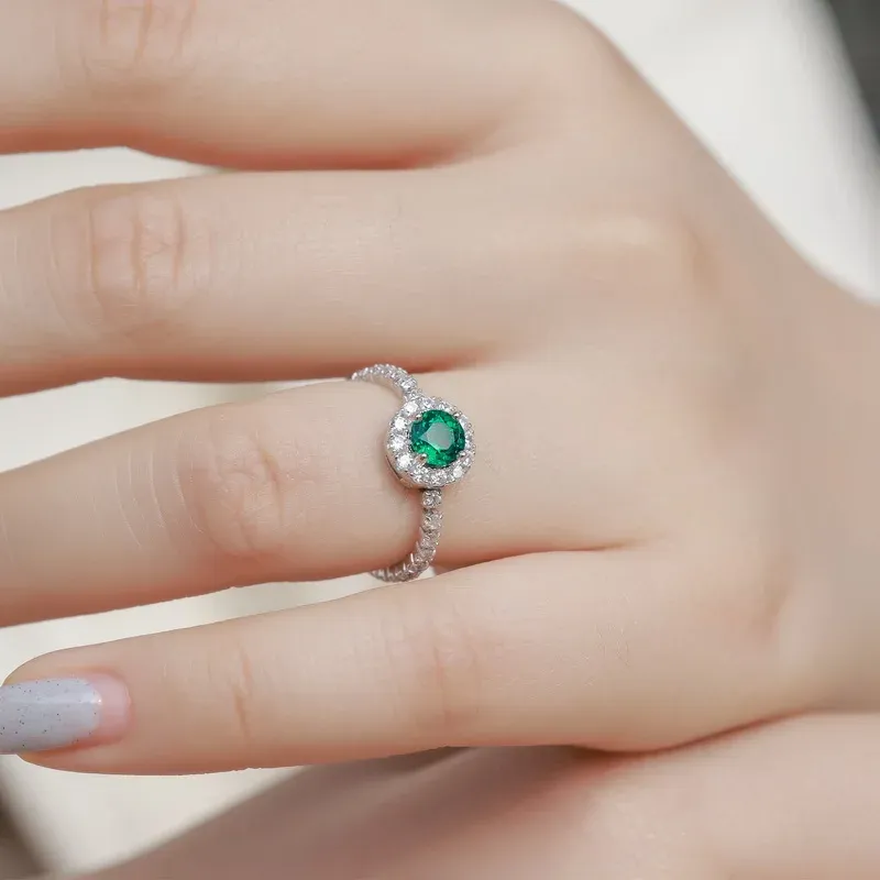 S925 Sterling Silver Round Cut Lab Grown Emerald Double Halo Engagement Ring for Women
