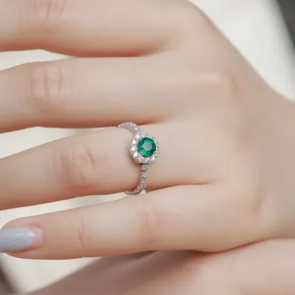 S925 Sterling Silver Round Cut Lab Grown Emerald Double Halo Engagement Ring for Women
