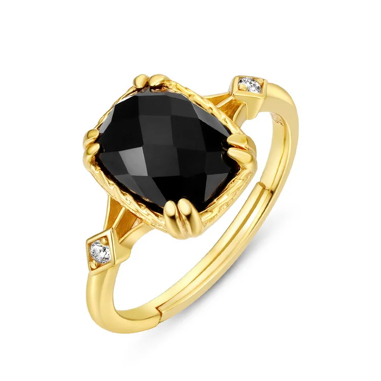 JewelyKing S925 Sterling Silver Big Gems Square Stone Black Agate Ring JKRS0284