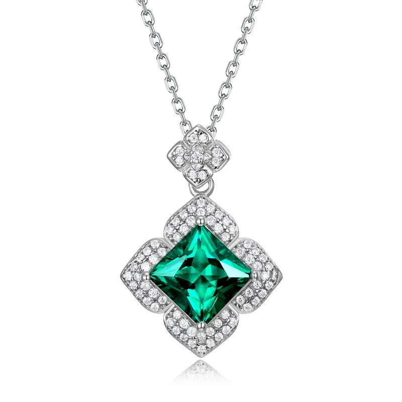 JewelyKing S925 Sterling Silver Lab Grown Emerald Geometric Design Cushion Cut Lab Cultured Necklace JKNS0024