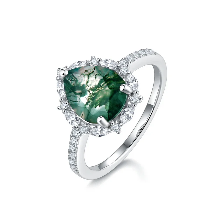 JewelyKing S925 Silver Green Moss Agate Diamond White Gold Plated Water Drop Diamond Wedding Ring JKRS0224